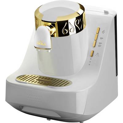 A white coffee machine with golden embellishments; Model 'OKKA'. It has buttons on the side and a golden drip tray.