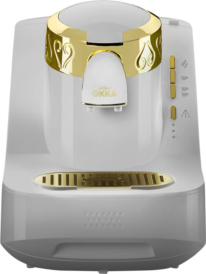 Grey coffee machine with golden embellishments. Brand name 'OKKA' on the front. Controls located on the side. Design modern and sleek.