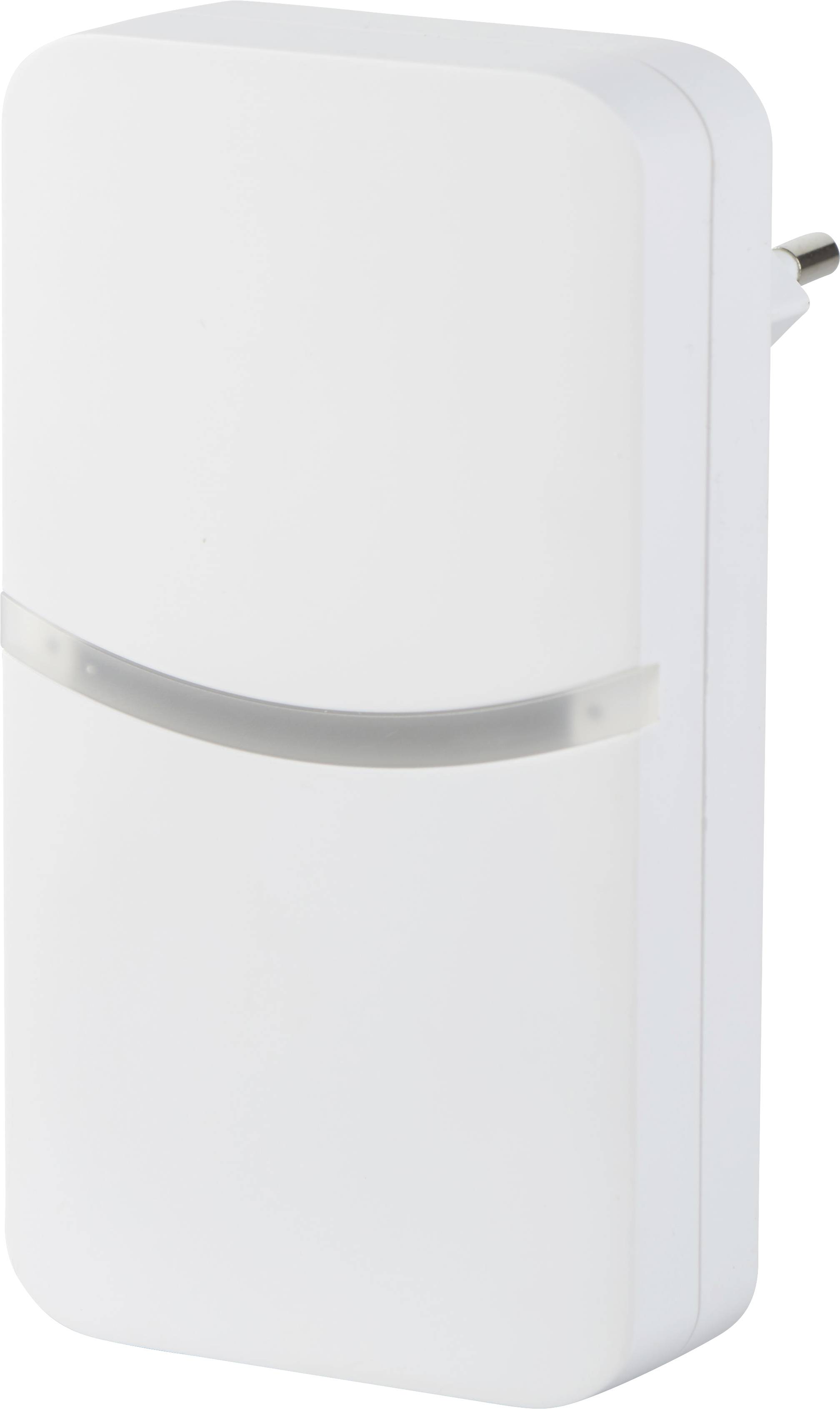 A white, rectangular night light with rounded corners and a plug socket connector. The light features a horizontal, transparent strip for light distribution.