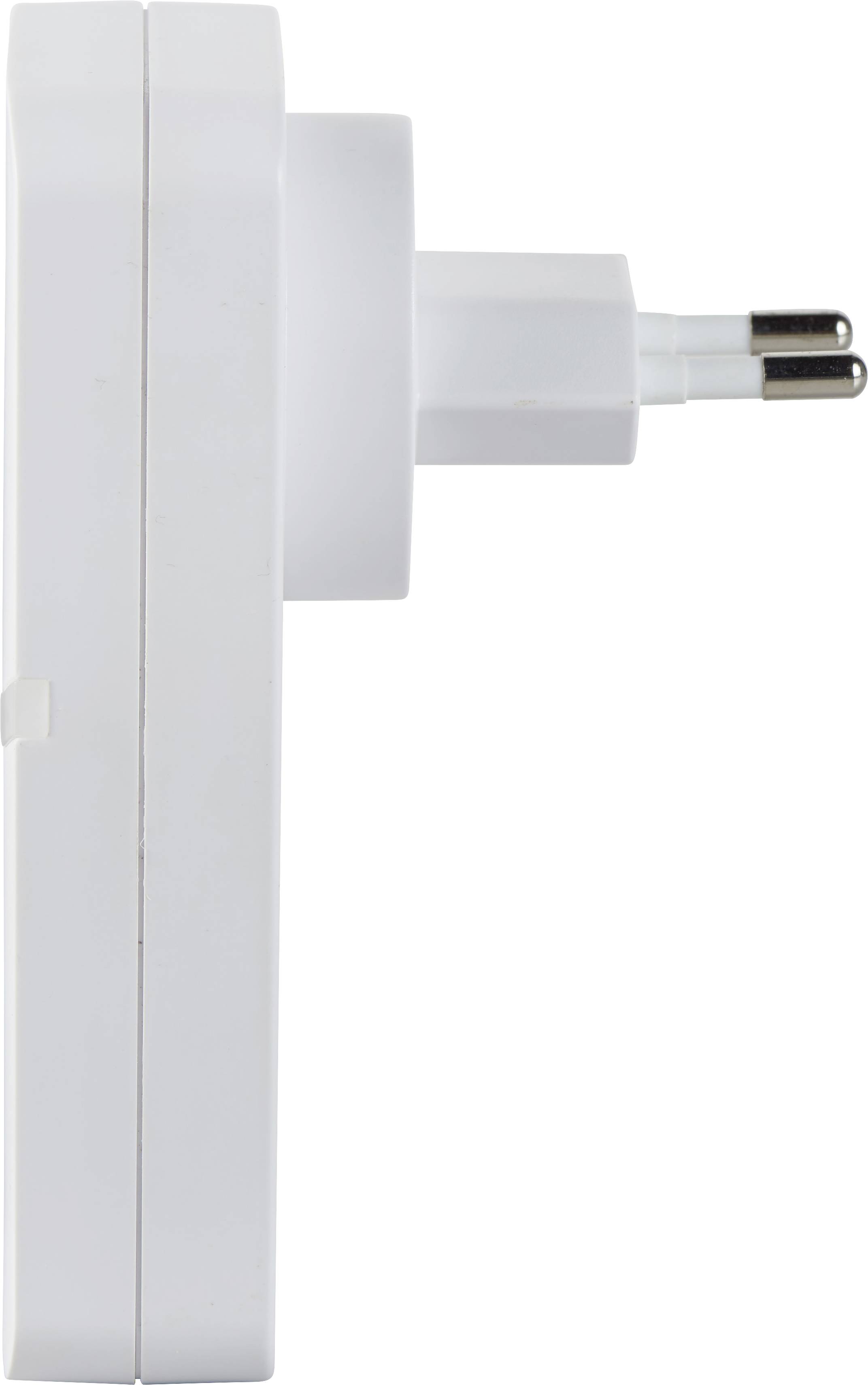 A white, side-view plug adapter with two metal pins, suitable for European sockets.