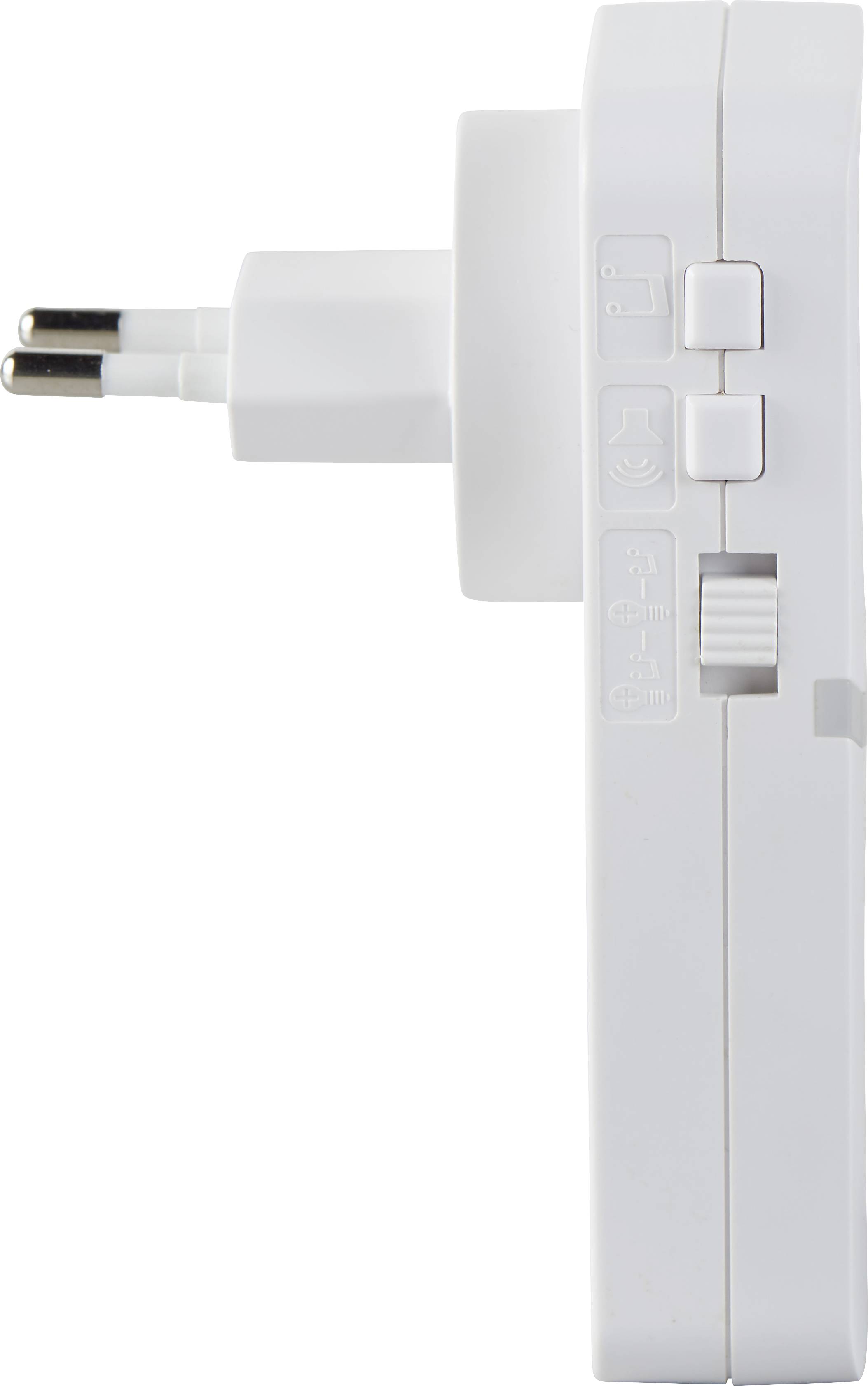 Side view of a white socket timer with a European plug, switching buttons, and a dial for time setting.