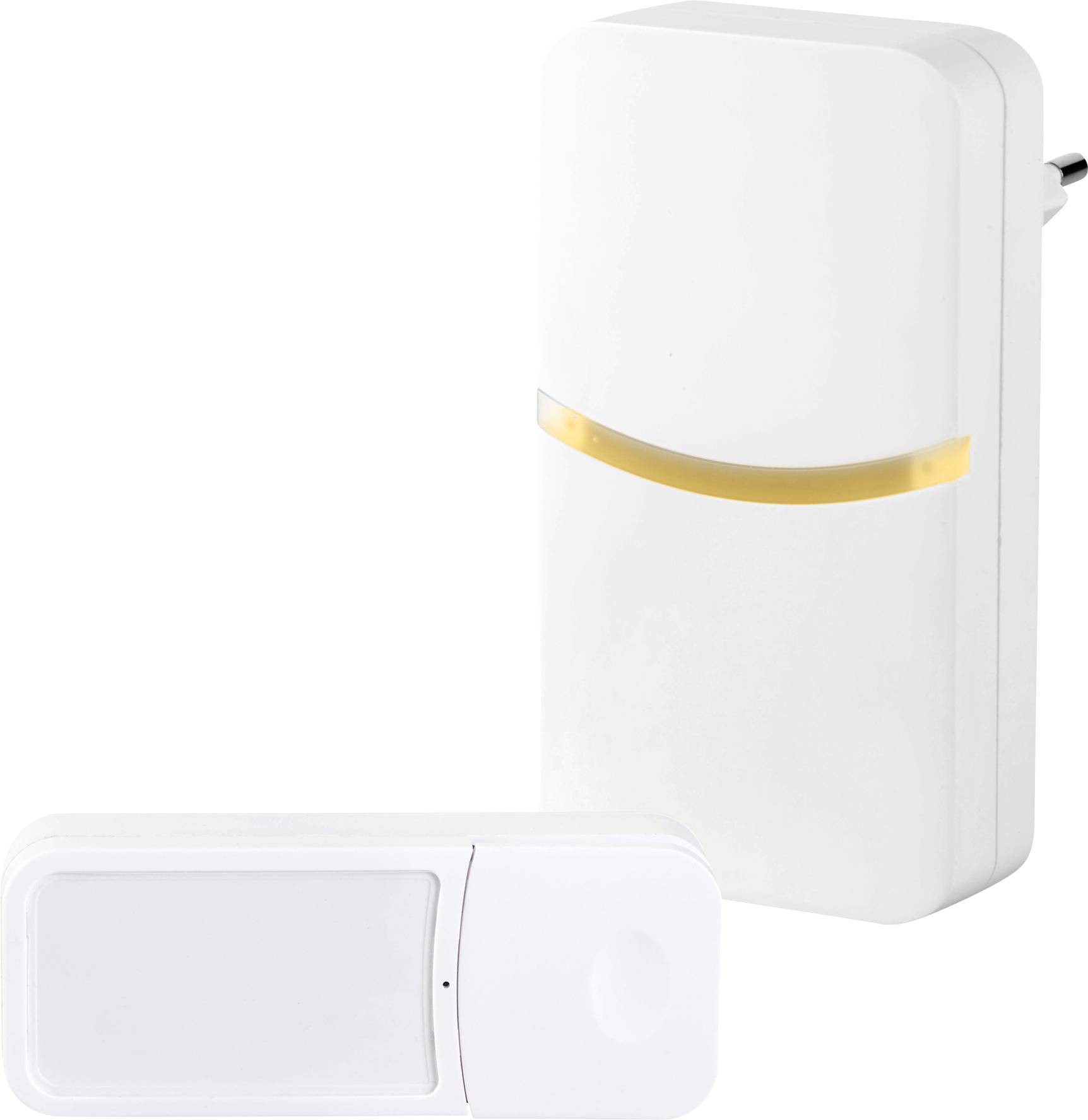 A wireless doorbell in white. The upper part is plugged into a socket and features a yellow line as a design accent.