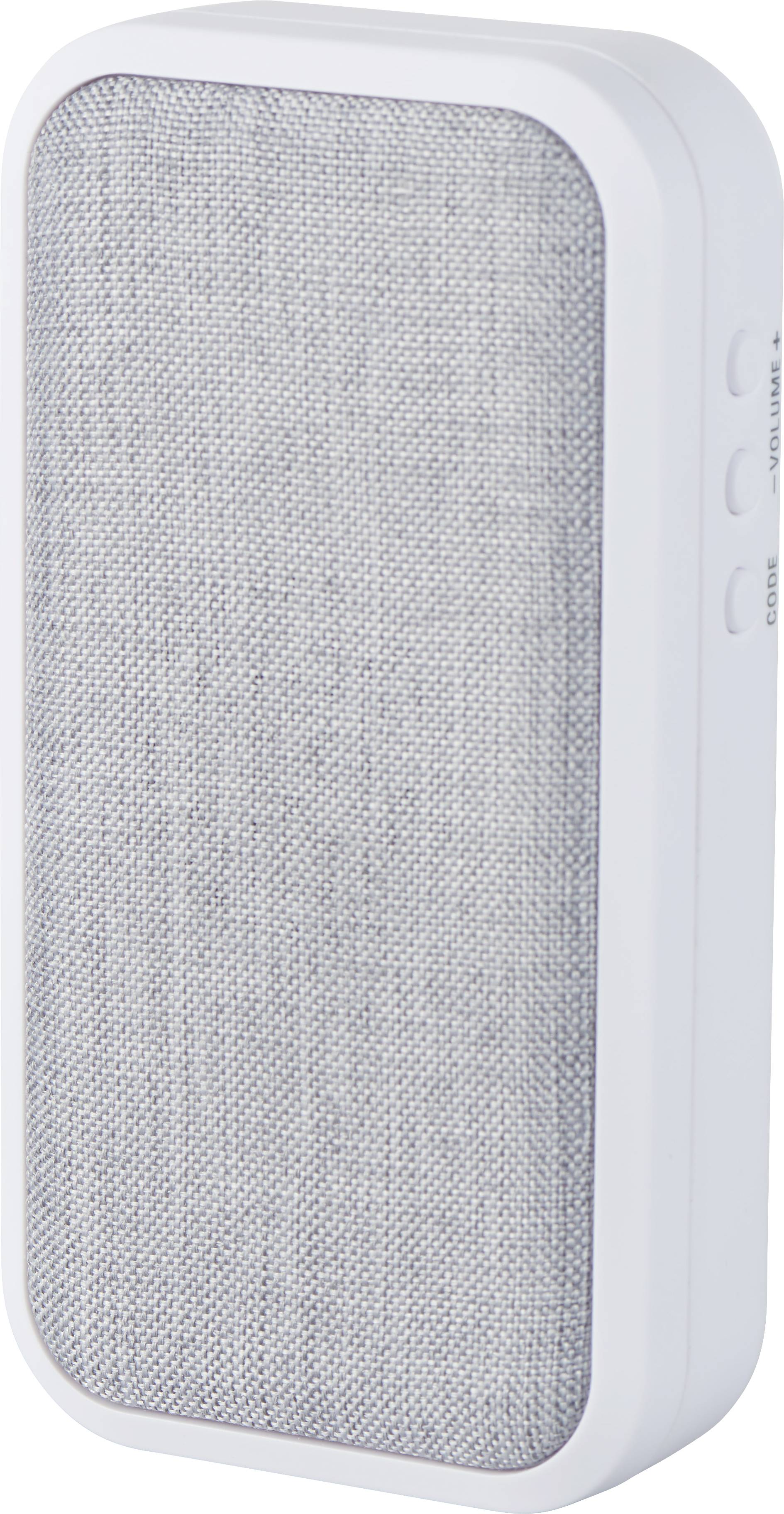 A portable, rectangular speaker with grey fabric covering and white side buttons.