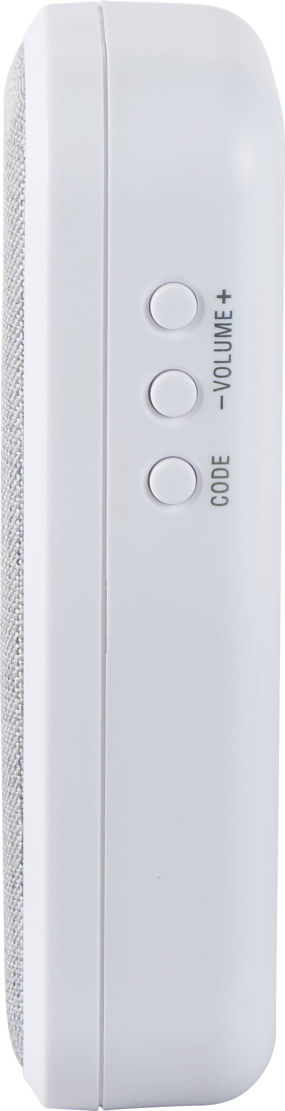 White device with three side buttons, labelled 'Code', 'Volume -', 'Volume +'.