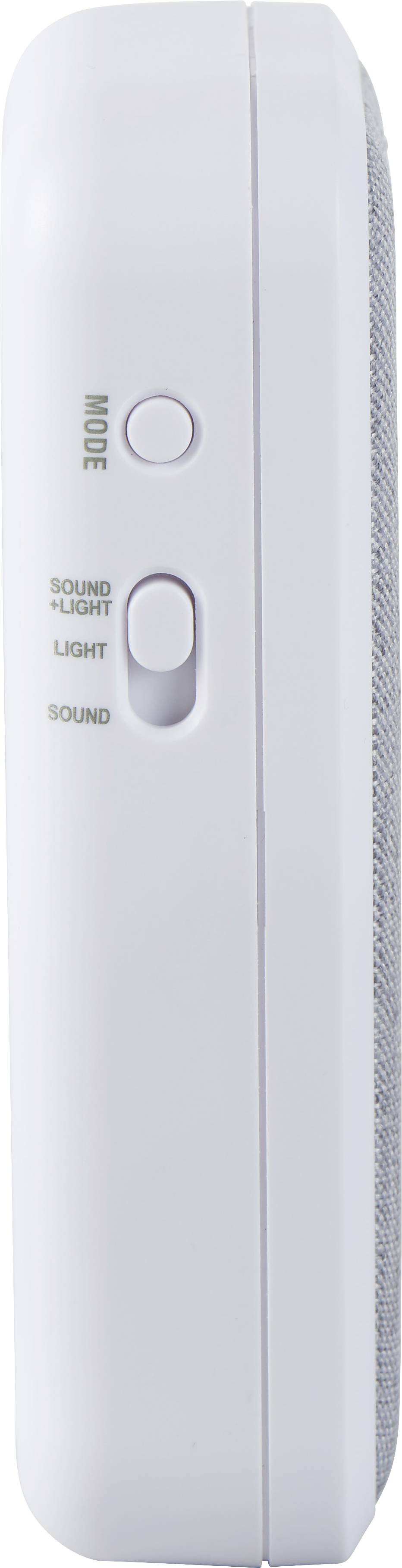 White, side view of an electronic device with two buttons: 'MODE' and 'SOUND/LIGHT'. Suitable for audio or light modes.