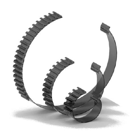 Three glossy black, spiral lamella structures of decreasing size, hovering side by side.