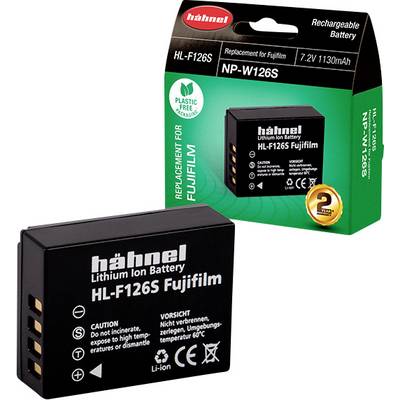 Battery pack and replacement battery for Fujifilm by Hähnel, model HL-F126S, 7.2V, 1130mAh. Packaging with 'Plastic Free' label.