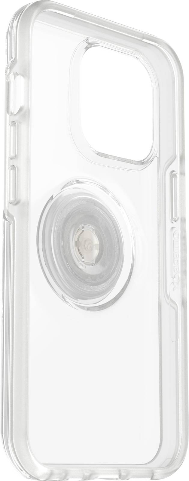 Transparent phone case with an integrated circular design in the centre, compatible with a smartphone and featuring camera cutouts.