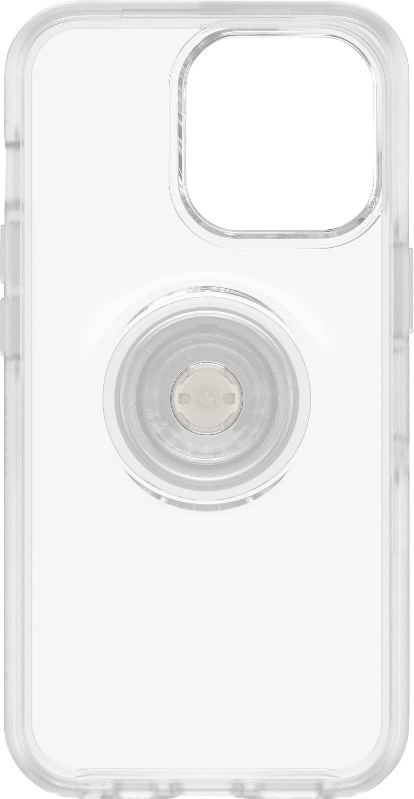 Transparent mobile phone case with an integrated circular handle in the centre; rectangular cut-out at the top for camera modules.
