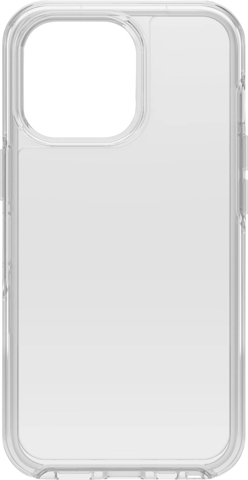 Transparent smartphone case with rounded corners and camera cutout in the top left, suitable for a mobile phone.