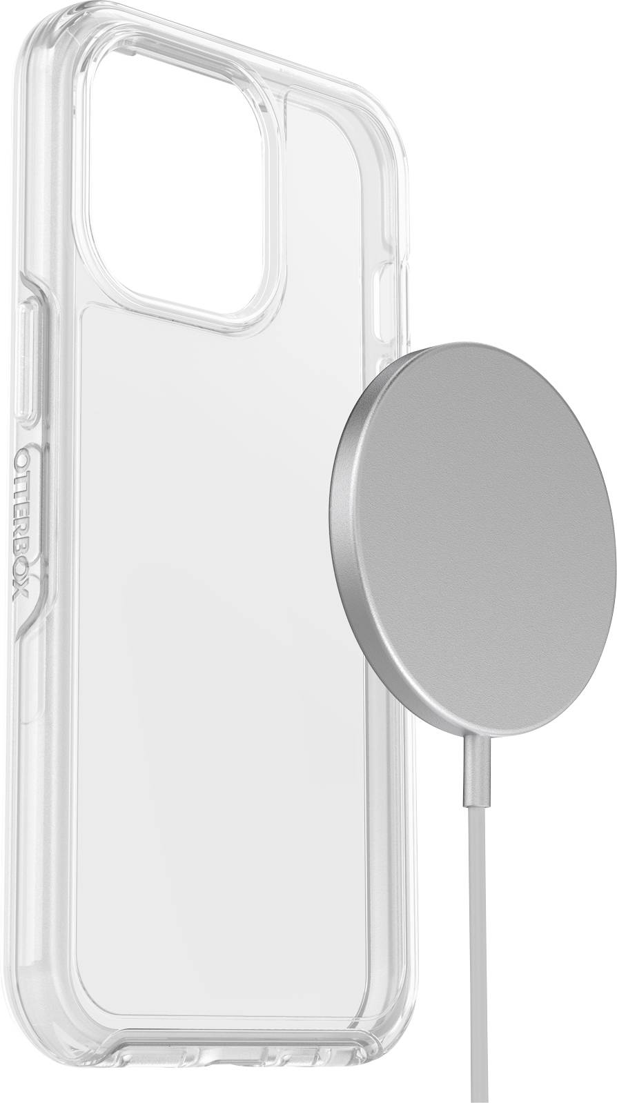 A transparent mobile phone case and a magnetic charger. The case is clear with a robust border, and the charger is circular.