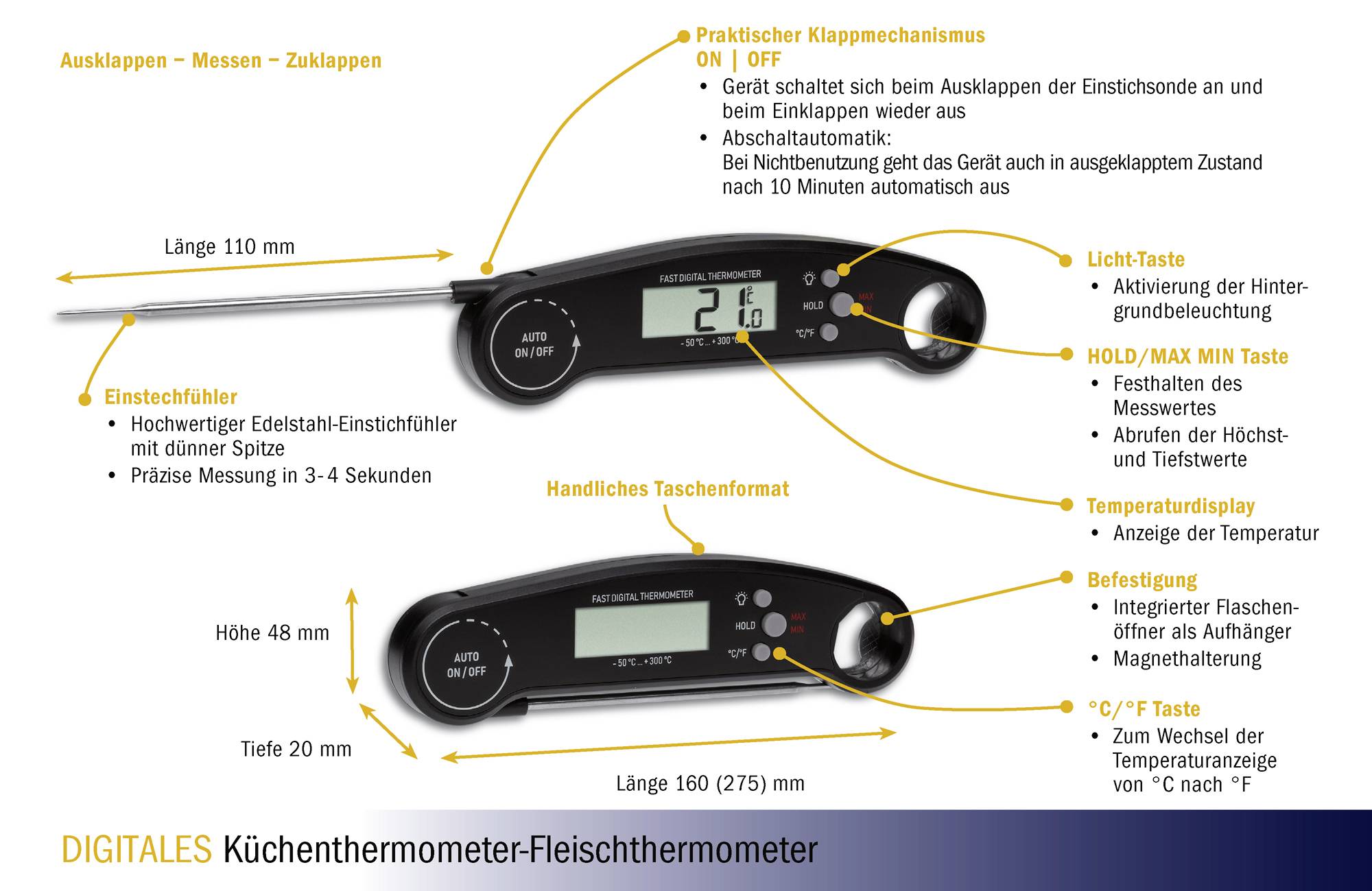 Digital kitchen thermometer with LED display. Functions: On/Off switch, Hold/Max-Min button, temperature range. Ideal for meat measurement.
