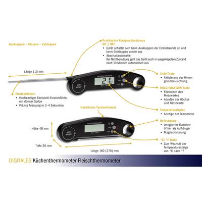 Digital kitchen thermometer with LED display. Functions: On/Off switch, Hold/Max-Min button, temperature range. Ideal for meat measurement.
