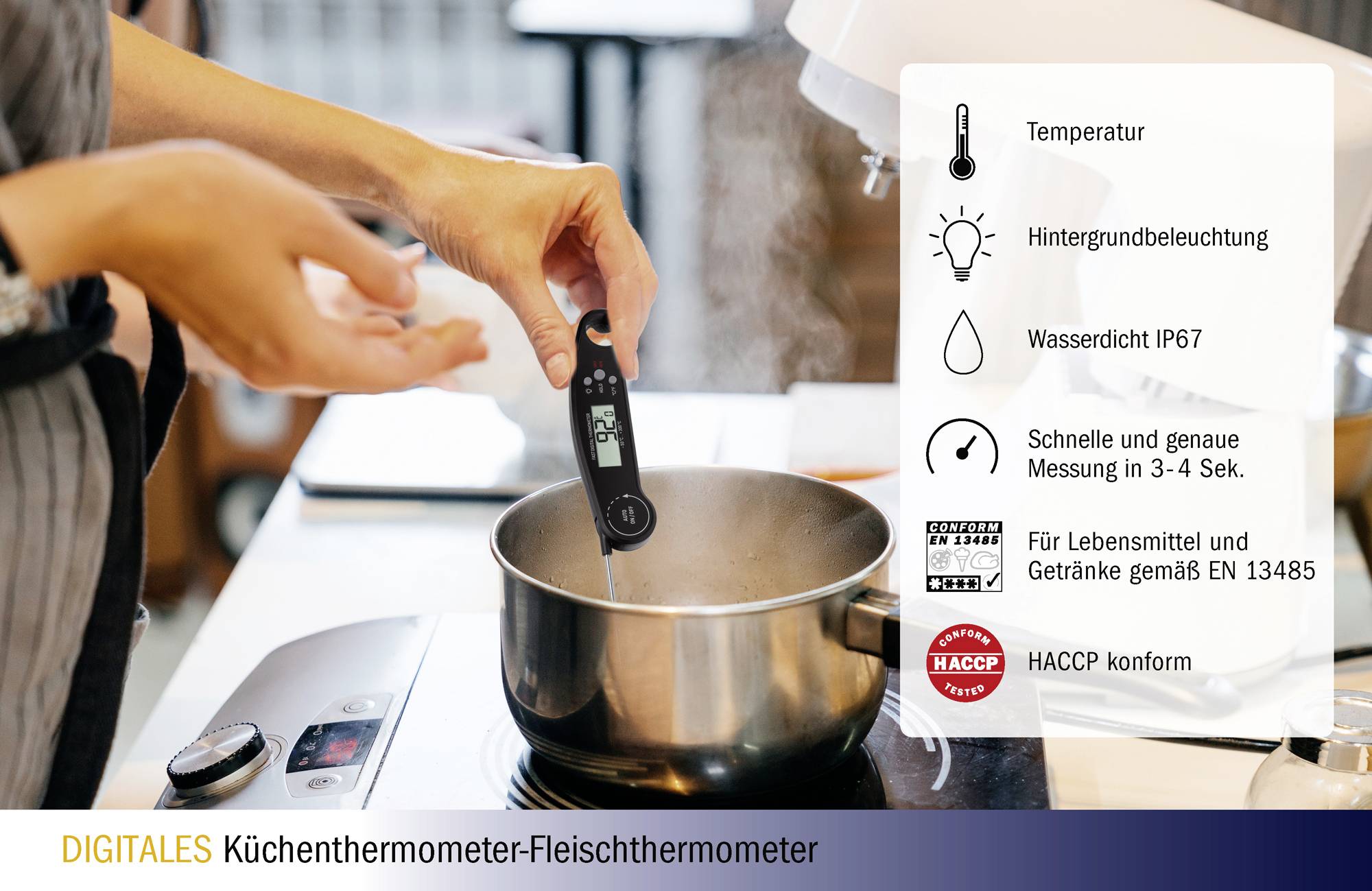 'Digital Kitchen Meat Thermometer' is held over a boiling pot. List of features: temperature, backlight, IP67 waterproof, rapid measurement, food-safe, HACCP compliant.