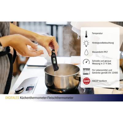 'Digital Kitchen Meat Thermometer' is held over a boiling pot. List of features: temperature, backlight, IP67 waterproof, rapid measurement, food-safe, HACCP compliant.