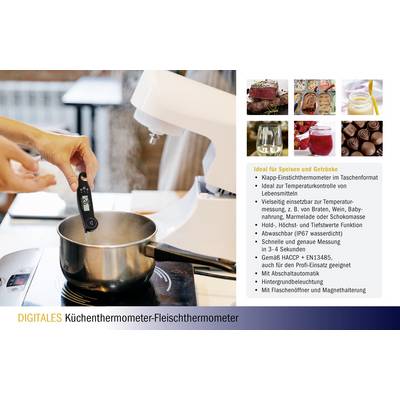 A digital kitchen thermometer is being used in a cooking pot. Product features and applications are listed to the right of the image.