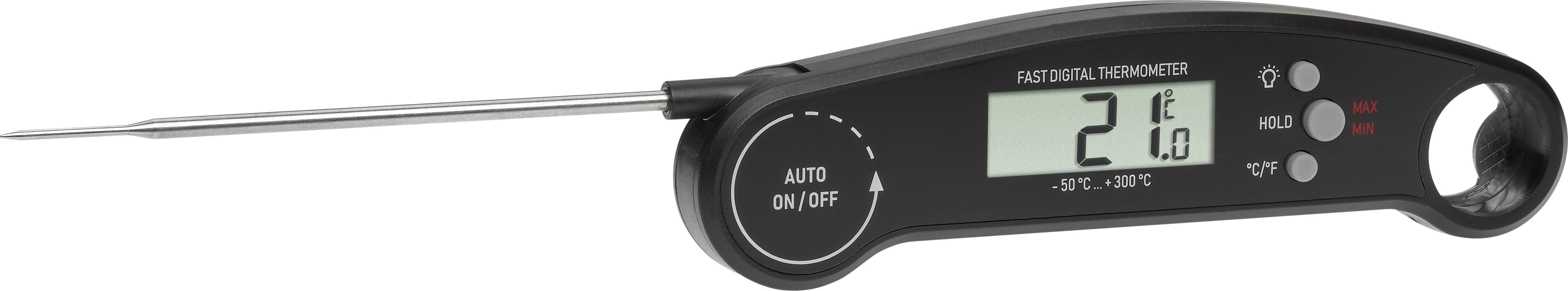 Digital kitchen thermometer displays 21 degrees Celsius on a black display; suitable for precise temperature measurements.