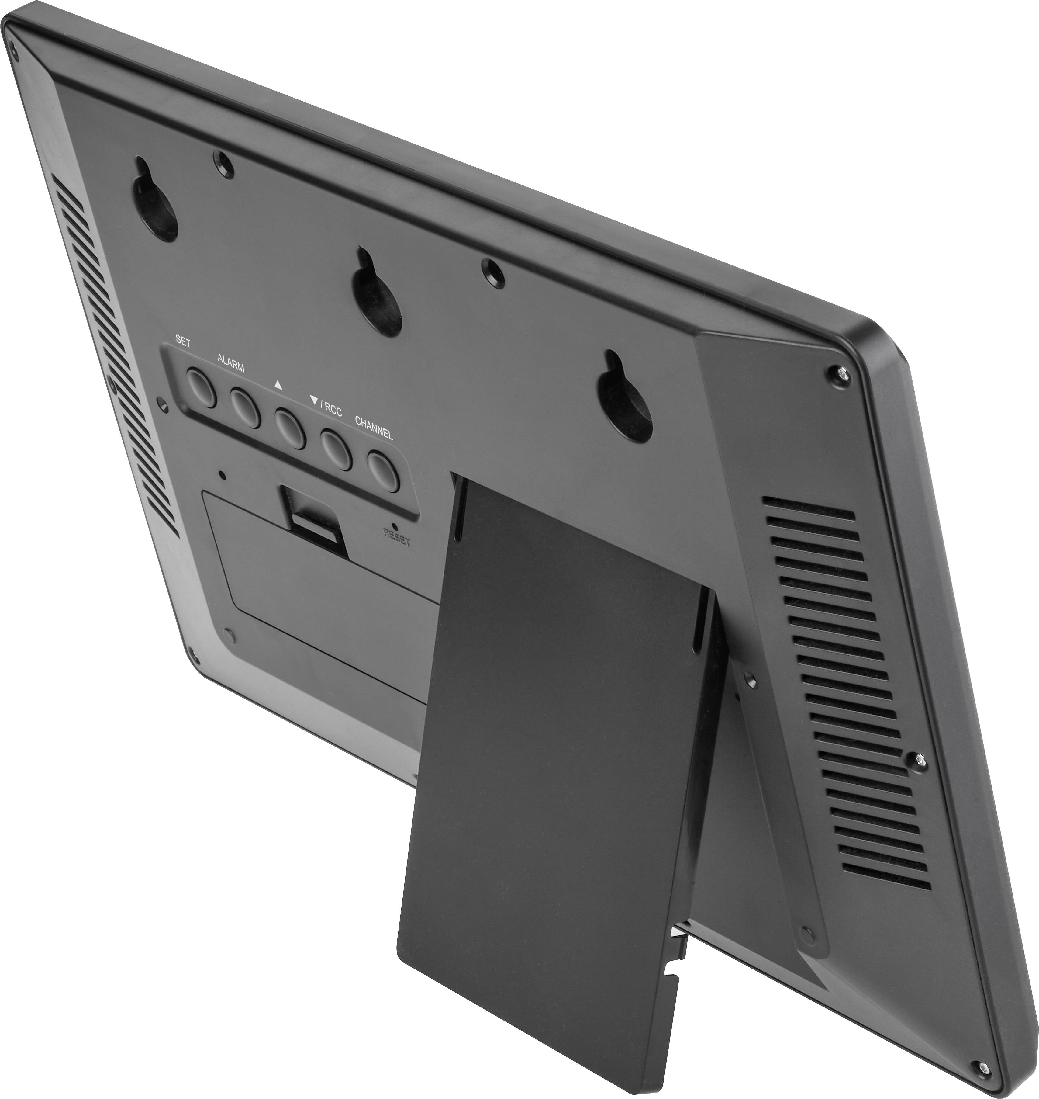 Digital photo frame shows reverse side with black control buttons and a fold-out stand.