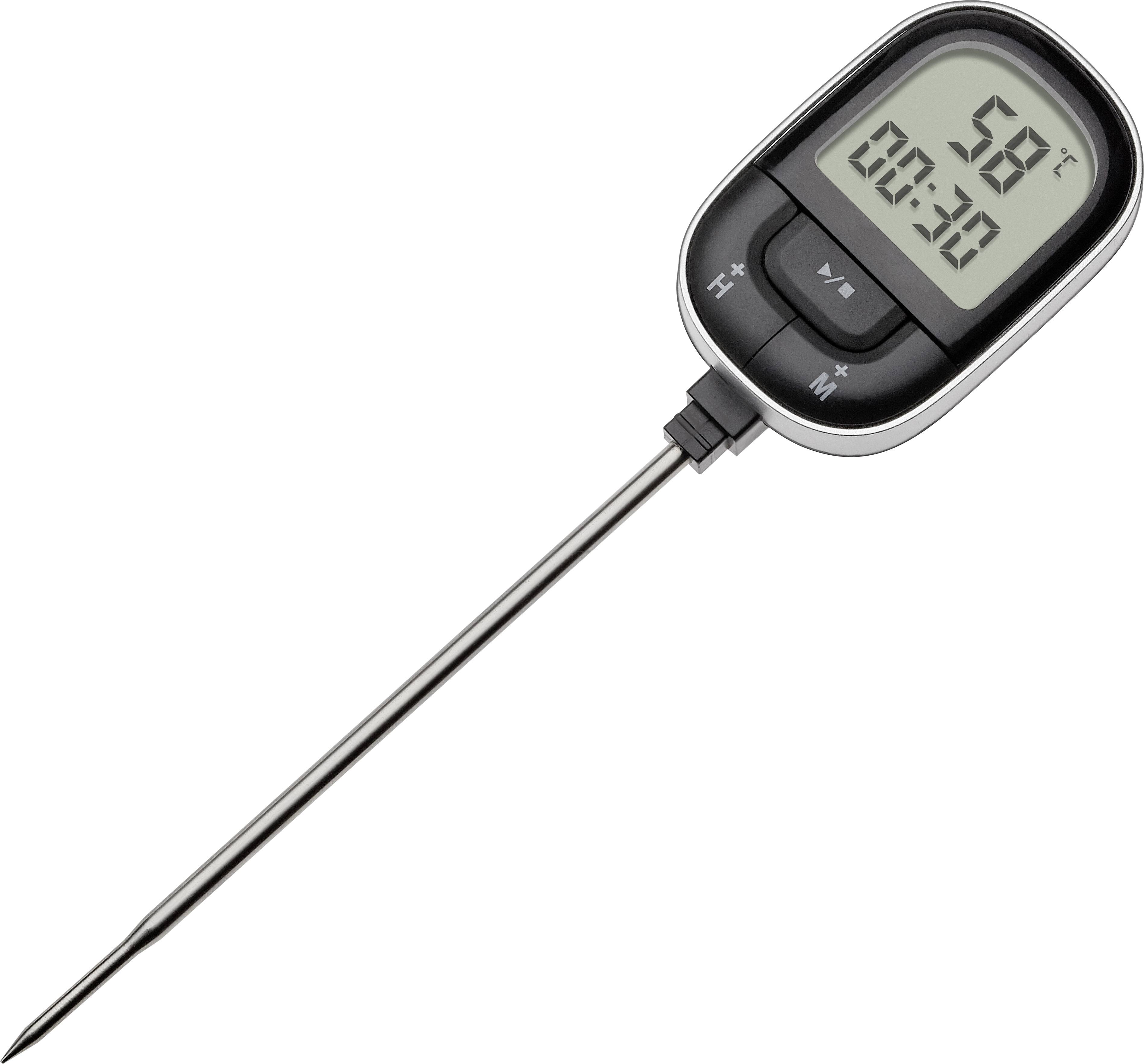 Digital kitchen thermometer with a long metal probe showing 58°C and 00:30 on the display.