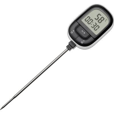 Digital kitchen thermometer with a long metal probe showing 58°C and 00:30 on the display.