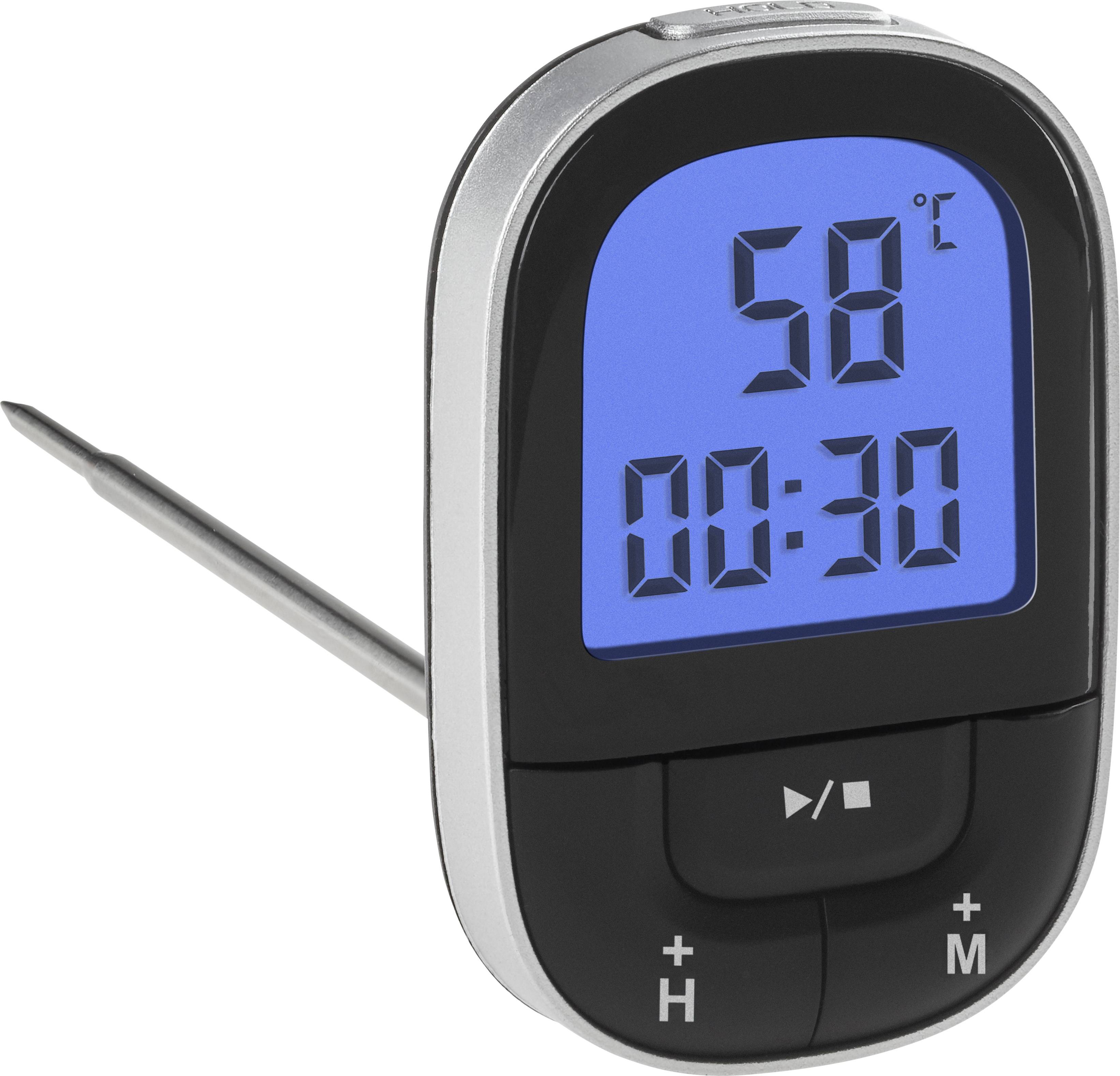 Digital kitchen thermometer with blue display showing '58 °C' and time '00:30'. Ideal for temperature monitoring during cooking.