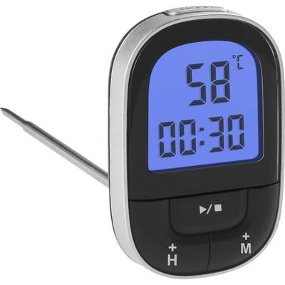 Digital kitchen thermometer with blue display showing '58 °C' and time '00:30'. Ideal for temperature monitoring during cooking.