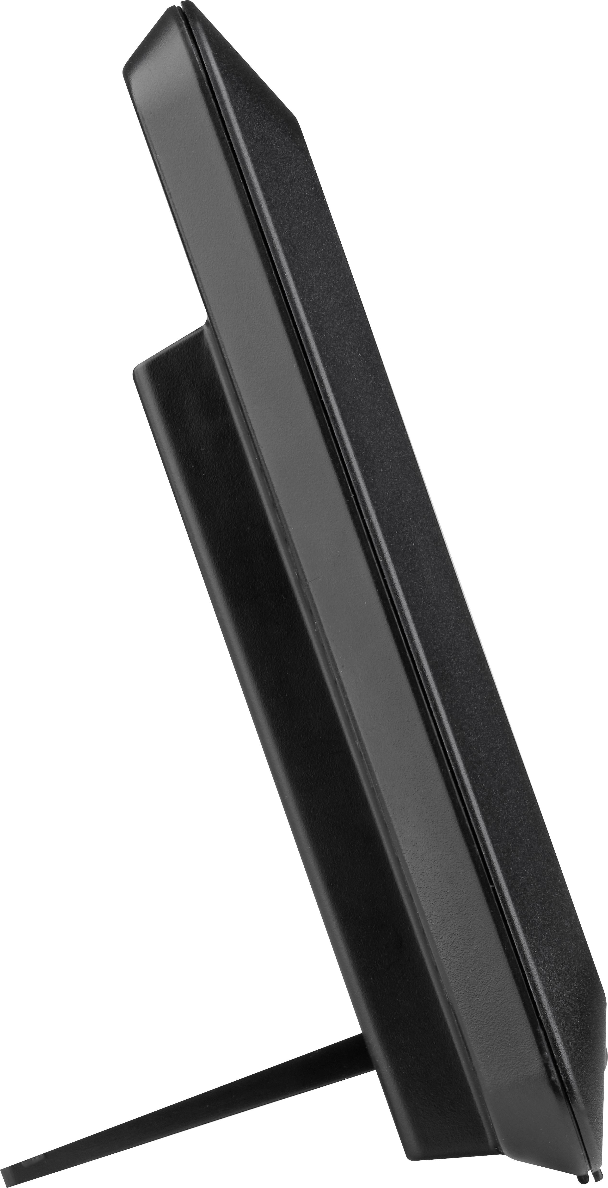 Black digital photo frame viewed from the side, showing the sleek design and stand for support.