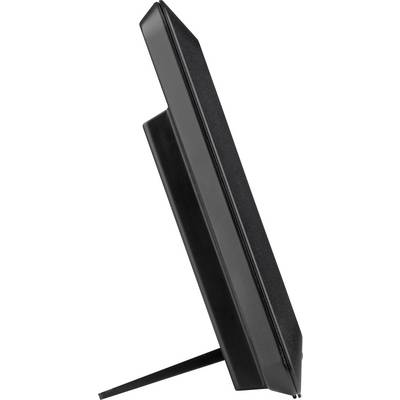 Black digital photo frame viewed from the side, showing the sleek design and stand for support.
