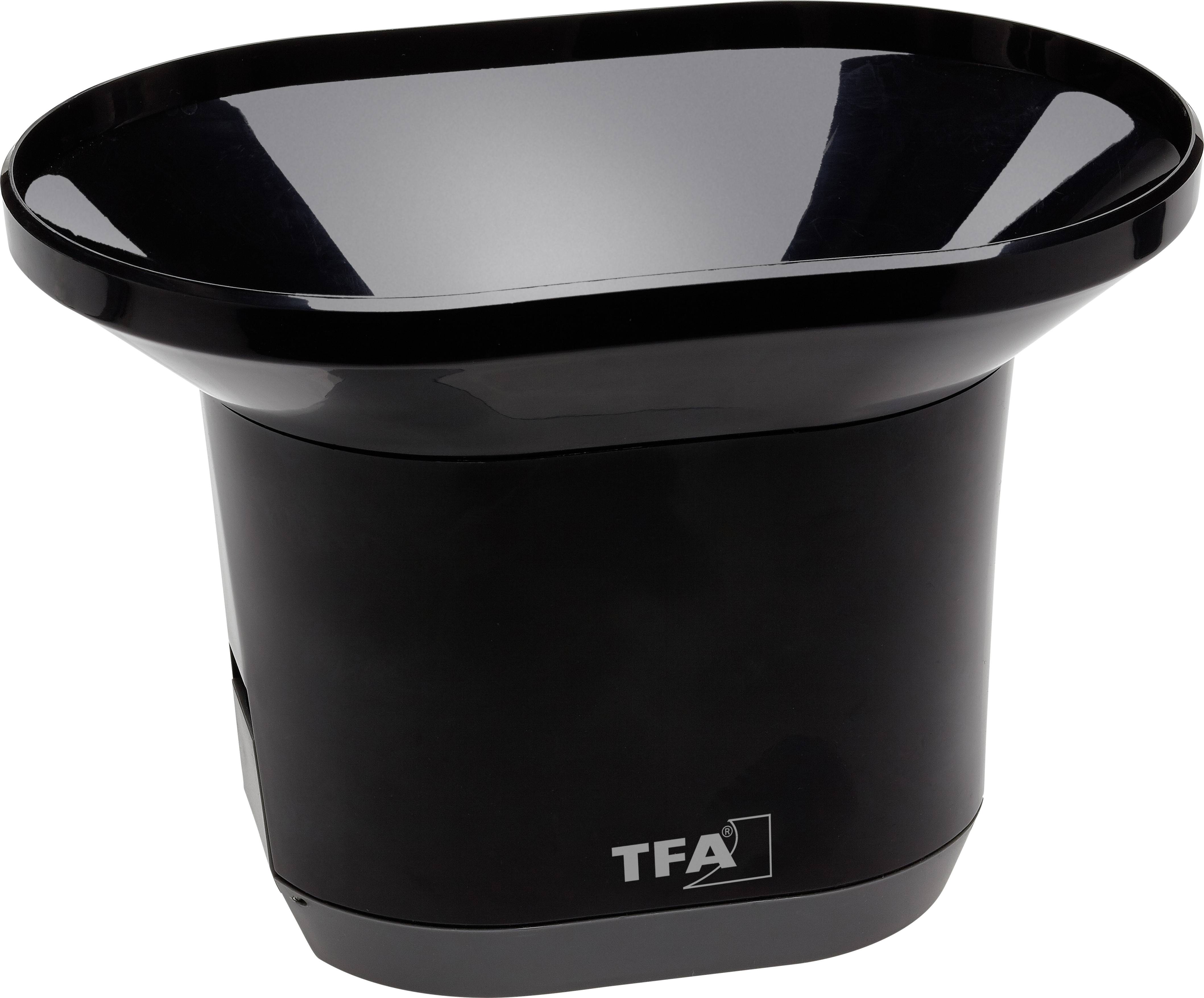 A black rain gauge with an oval opening and 'TFA' logo on the front.