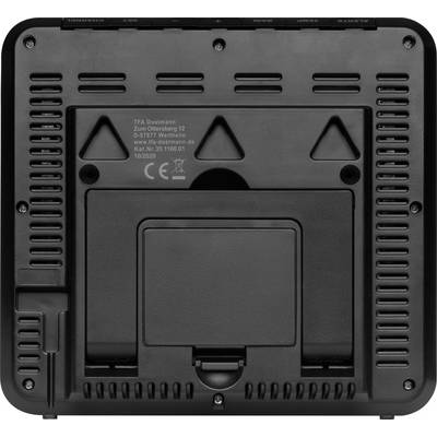 Back of an electronic device with ventilation slots and a battery compartment. Manufacturer details and certification marks are visible.