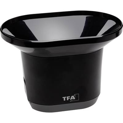 A black rain gauge with 'TFA' printed on the front. It has a wide opening for collecting rainwater.