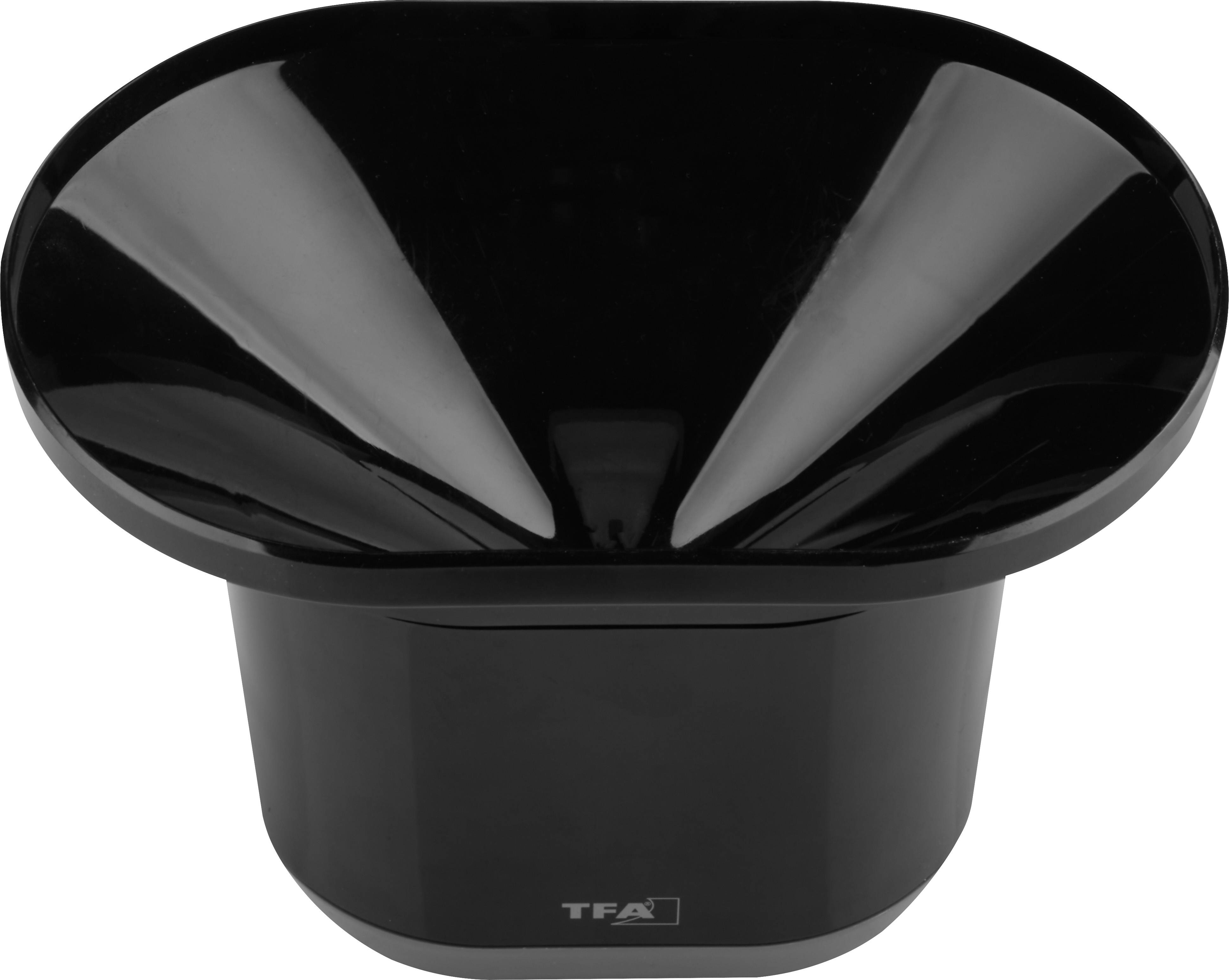 A black, funnel-shaped rain sensor with a smooth surface.