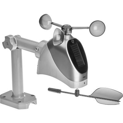 Silver anemometer with two cups and a solar panel on a base stand. Used for measuring wind speed.
