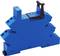 Blue electrical terminal block with a black lever on top; used for connecting and organising electrical cables in electrical cabinets.