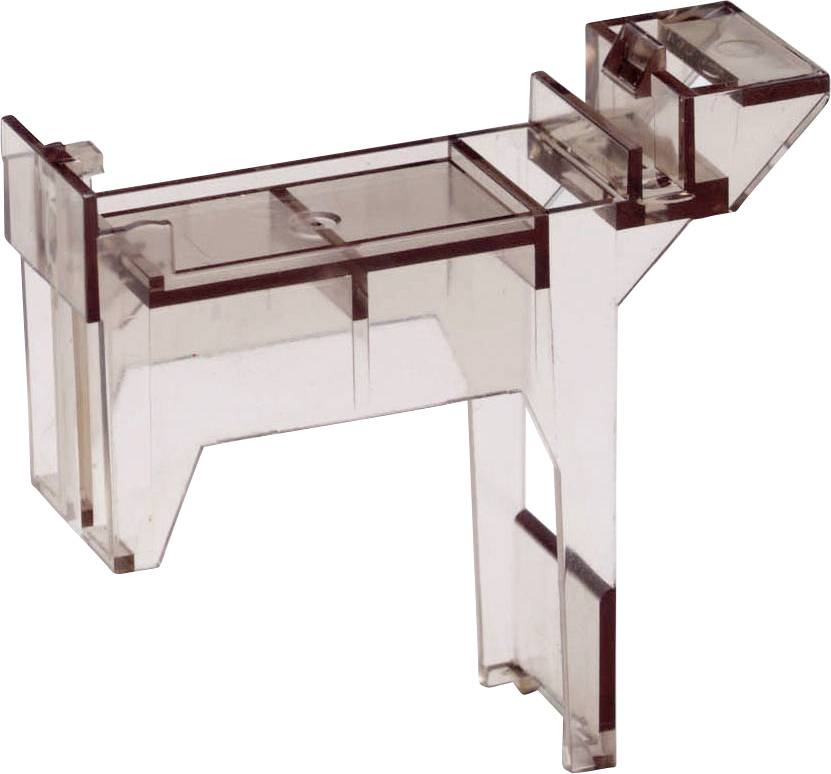 A transparent, plastic component in a rectangular, complex shape with multiple edges and sections.