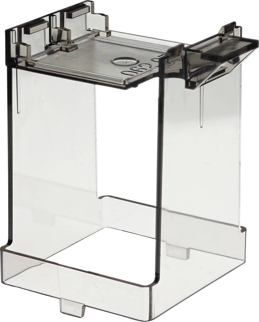 Transparent, rectangular plastic container with open top and bottom. Often used for stacking or storage purposes.