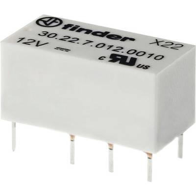 'Rectangular, white relay by Finder brand with six metal pins. Marking: 12V, 30.22.7.012.0010, X22.'