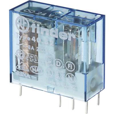 A blue 24 V DC relay by Finder, type 40.52, with four pins on the underside, suitable for 8A 250V, with copper coil visible internally.
