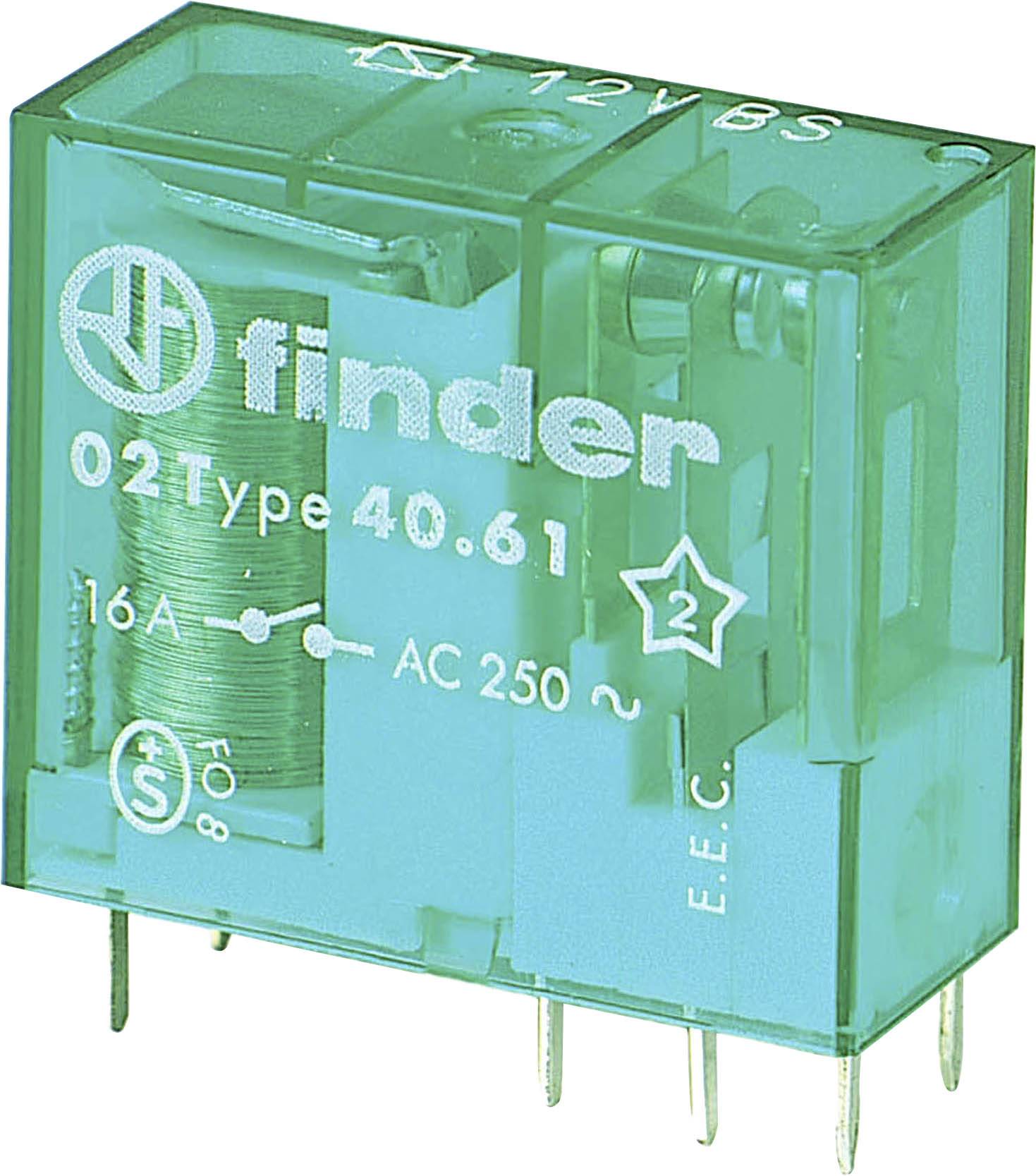 Green relay with the inscription 'finder 02 Type 40.61'. It displays technical data: 16A, AC 250V, 12V. Square-shaped with metal pins.