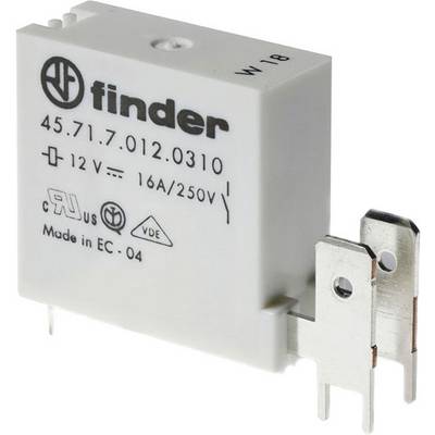 Relay with label '45.71.7.012.0310', 12 V, 16A/250V. Brand name Finder, manufactured in EC, Model W18. Electronic component.
