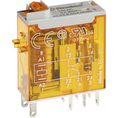 An orange relay with a transparent casing shows a coil and electrical pins. Labels indicate electrical values and connections.