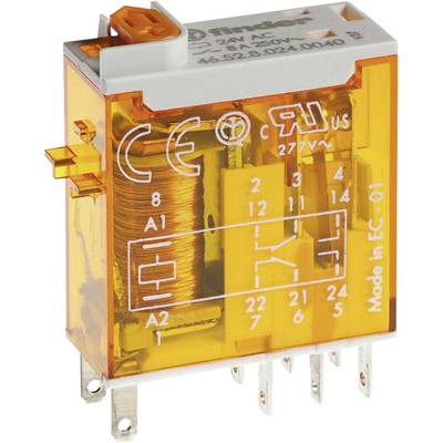A yellow electromagnetic relay with multiple terminals and a coil, labelled with technical details and specifications for electrical voltage and manufacturing information.