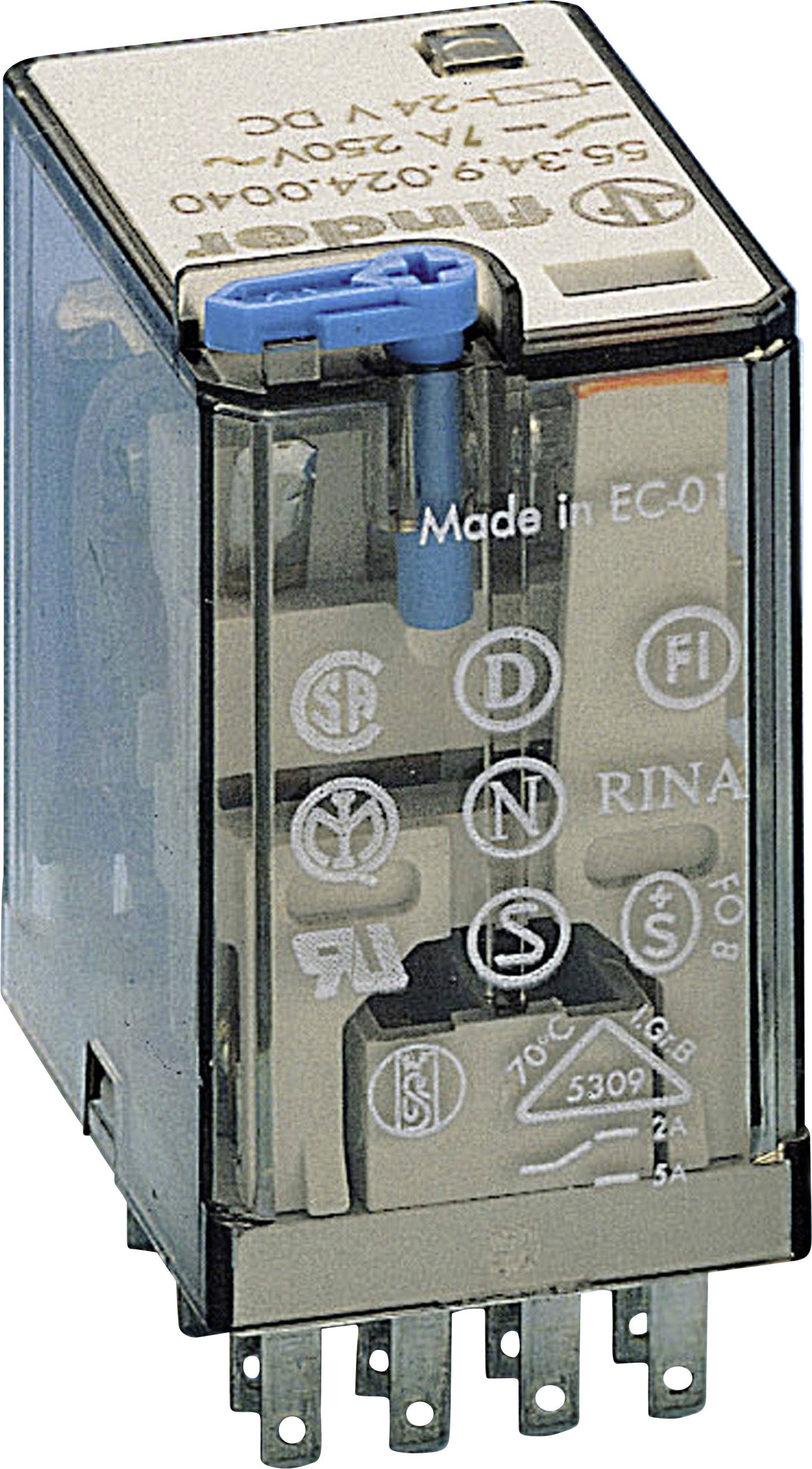 A clear relay with multiple metal contacts and a blue component, marked with various electrical standard symbols.