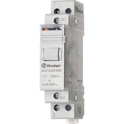 A Finder electromechanical relay, universally mountable, suitable for 16 A at 250 V, DIN rail mounted.