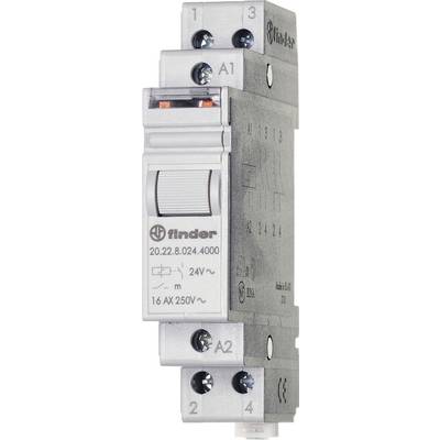 'Finder Relay 20.22' with 4 terminals and 24V control voltage, suitable for 16A load at 250V. Mountable on DIN rail.