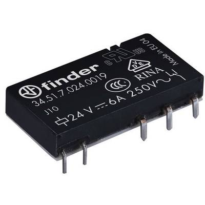 Black electronic relay with the inscription 'Finder 34.51.7.024.0019', showing electrical specifications such as '24V = 6A 250V~'.