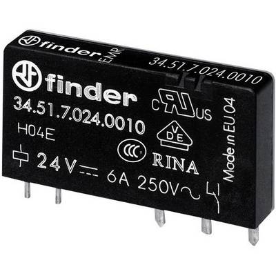 A black relay module with the inscription 'finder', model number 34.51.7.024.0010, rated voltage 24V, at 6A and 250V. Manufactured in the EU.