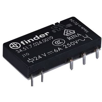 Black relay with inscription 'Finder 34.51.7.024.0019', rated voltage 24V, 6A, 250V, with multiple symbols and certifications.