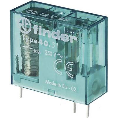 Relay in transparent housing with label 'Type 40.31', '10A 250V~', 'Made in EU' and CE marking.