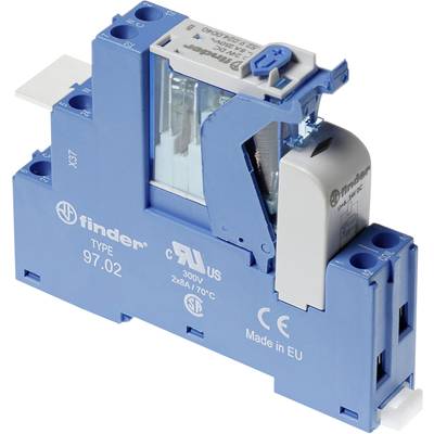 'Finder Relay' with blue casing, Type 97.02, for 300 Volts, 2x8A/70°C. Marked 'Made in EU' with CE marking.